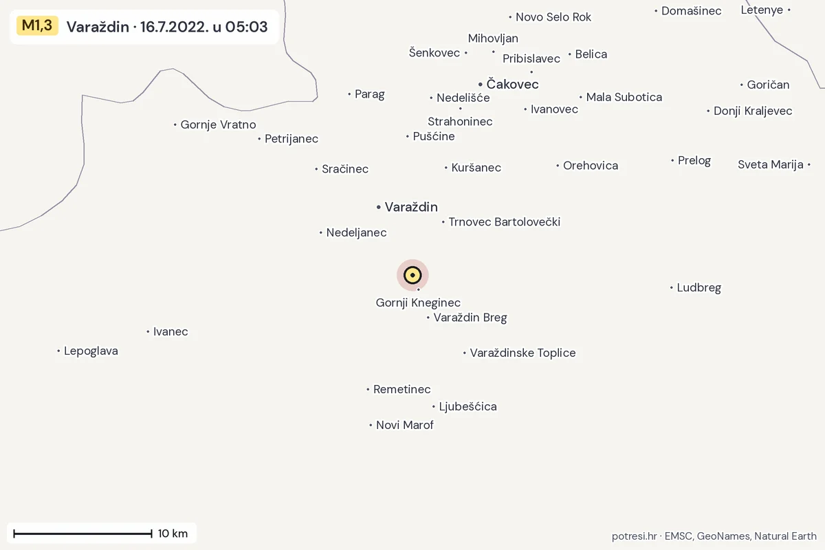 Karta: okolica epicentra, 60 km, potres M1,3, Varaždin, 16.7.2022.