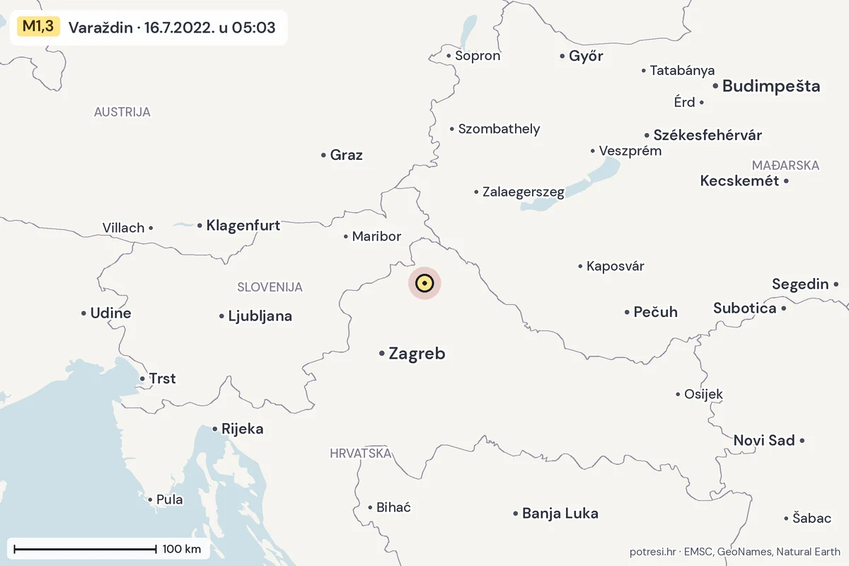 Karta: šire područje, 600 km, potres M1,3, Varaždin, 16.7.2022.