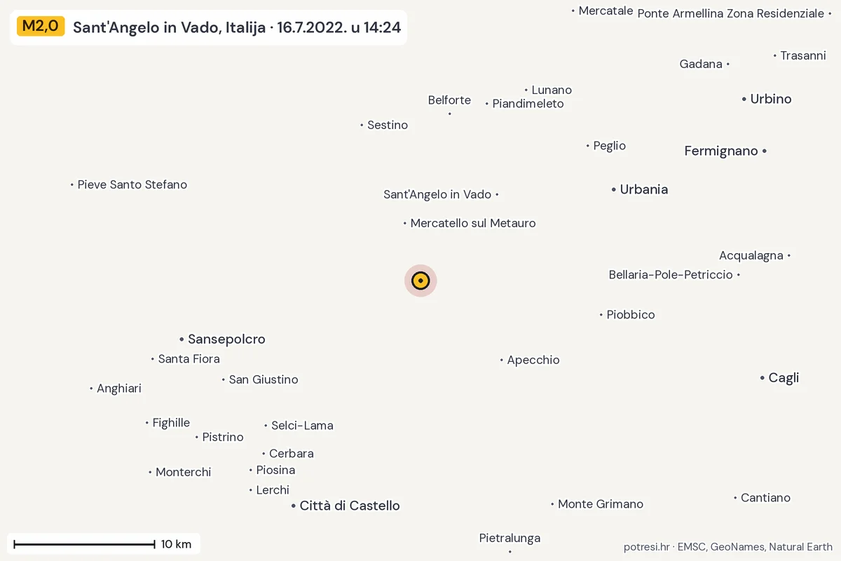 Karta: okolica epicentra, 60 km, potres M2,0, Sant'Angelo in Vado, Italija, 16.7.2022.