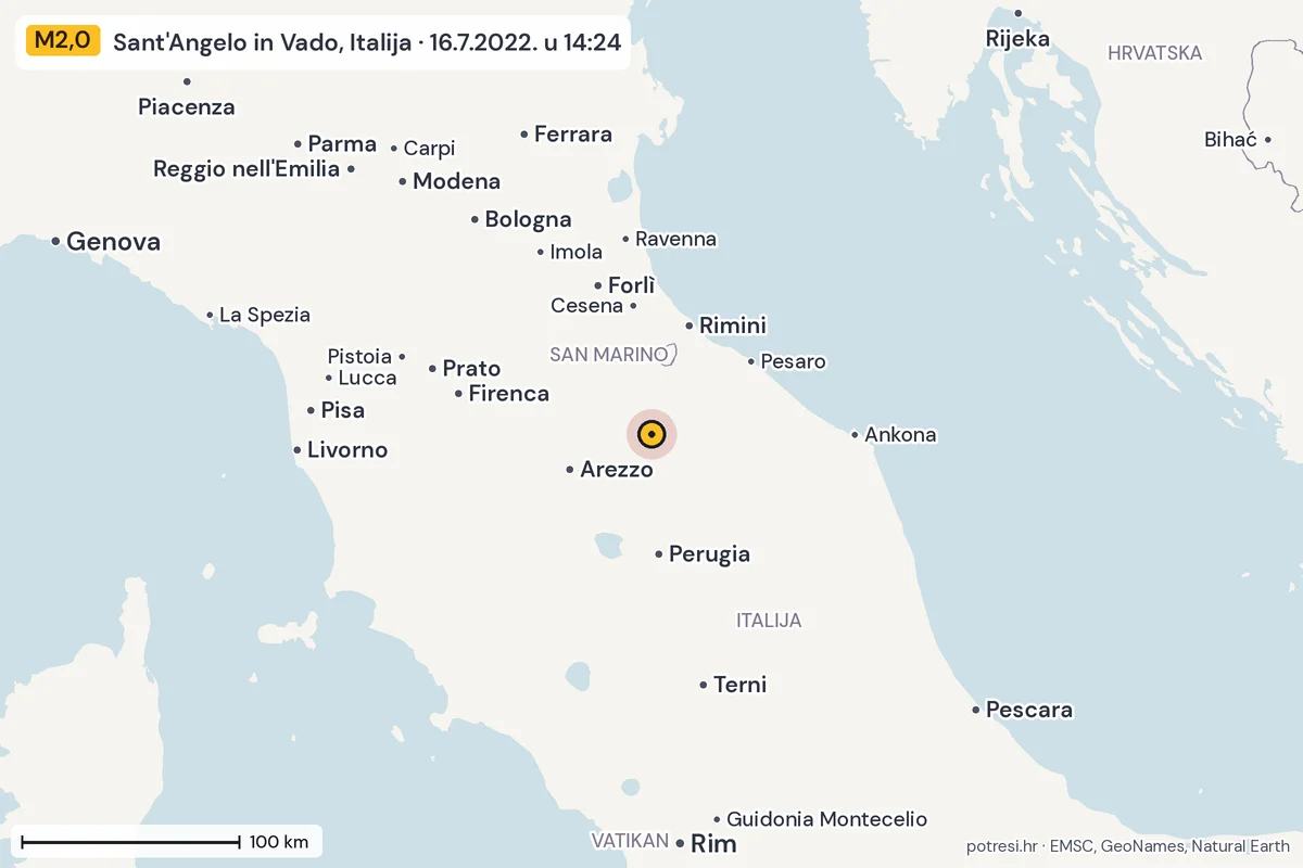 Karta: šire područje, 600 km, potres M2,0, Sant'Angelo in Vado, Italija, 16.7.2022.