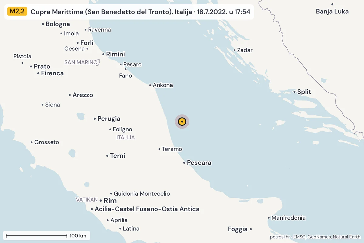 Karta: šire područje, 600 km, potres M2,2, Cupra Marittima (San Benedetto del Tronto), Italija, 18.7.2022.
