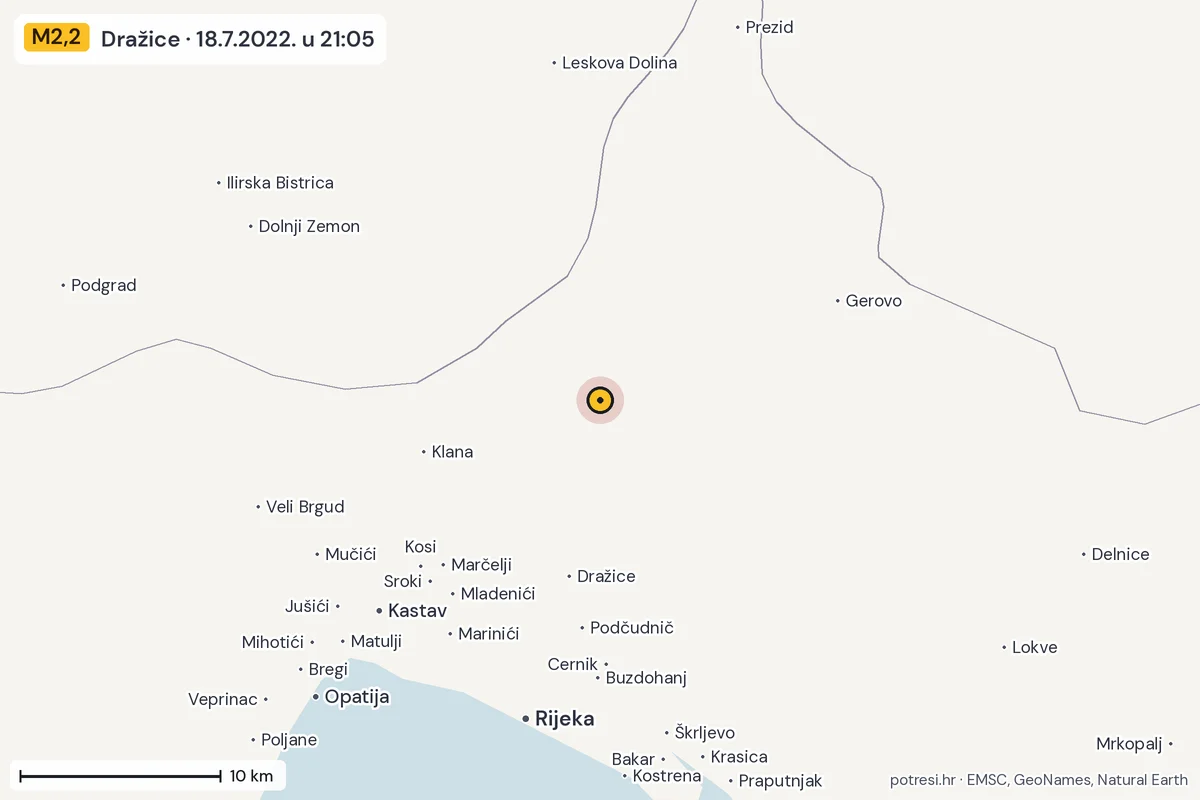 Karta: okolica epicentra, 60 km, potres M2,2, Dražice, 18.7.2022.