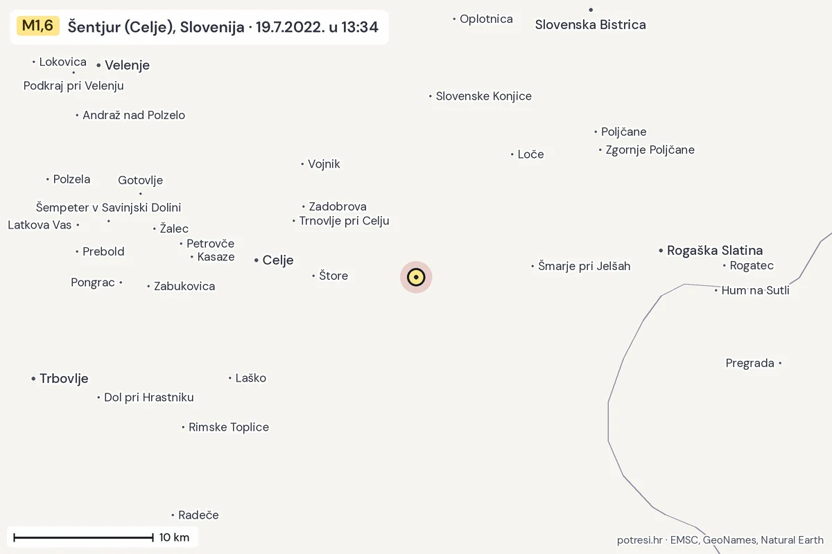 Karta: okolica epicentra, 60 km, potres M1,6, Šentjur (Celje), Slovenija, 19.7.2022.