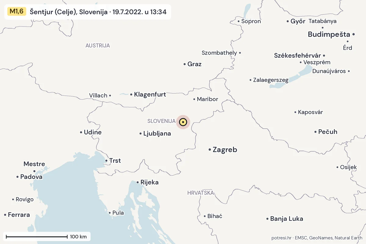 Karta: šire područje, 600 km, potres M1,6, Šentjur (Celje), Slovenija, 19.7.2022.