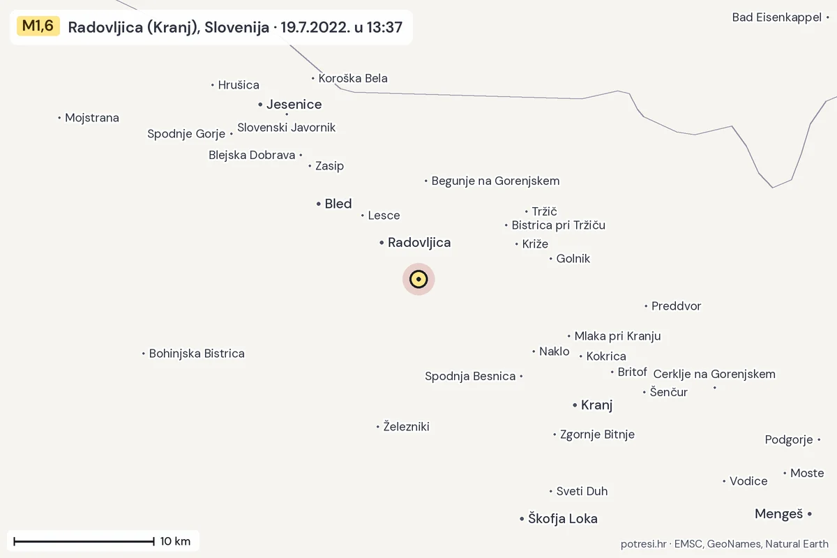 Karta: okolica epicentra, 60 km, potres M1,6, Radovljica (Kranj), Slovenija, 19.7.2022.