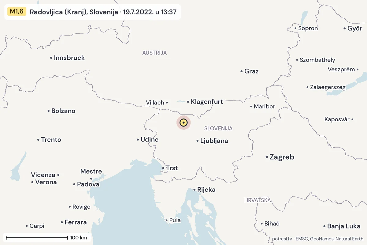 Karta: šire područje, 600 km, potres M1,6, Radovljica (Kranj), Slovenija, 19.7.2022.