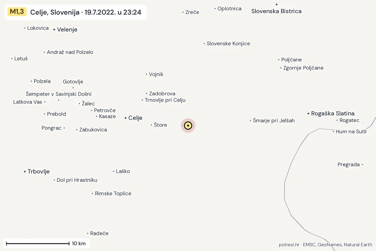 Karta: okolica epicentra, 60 km, potres M1,3, Celje, Slovenija, 19.7.2022.