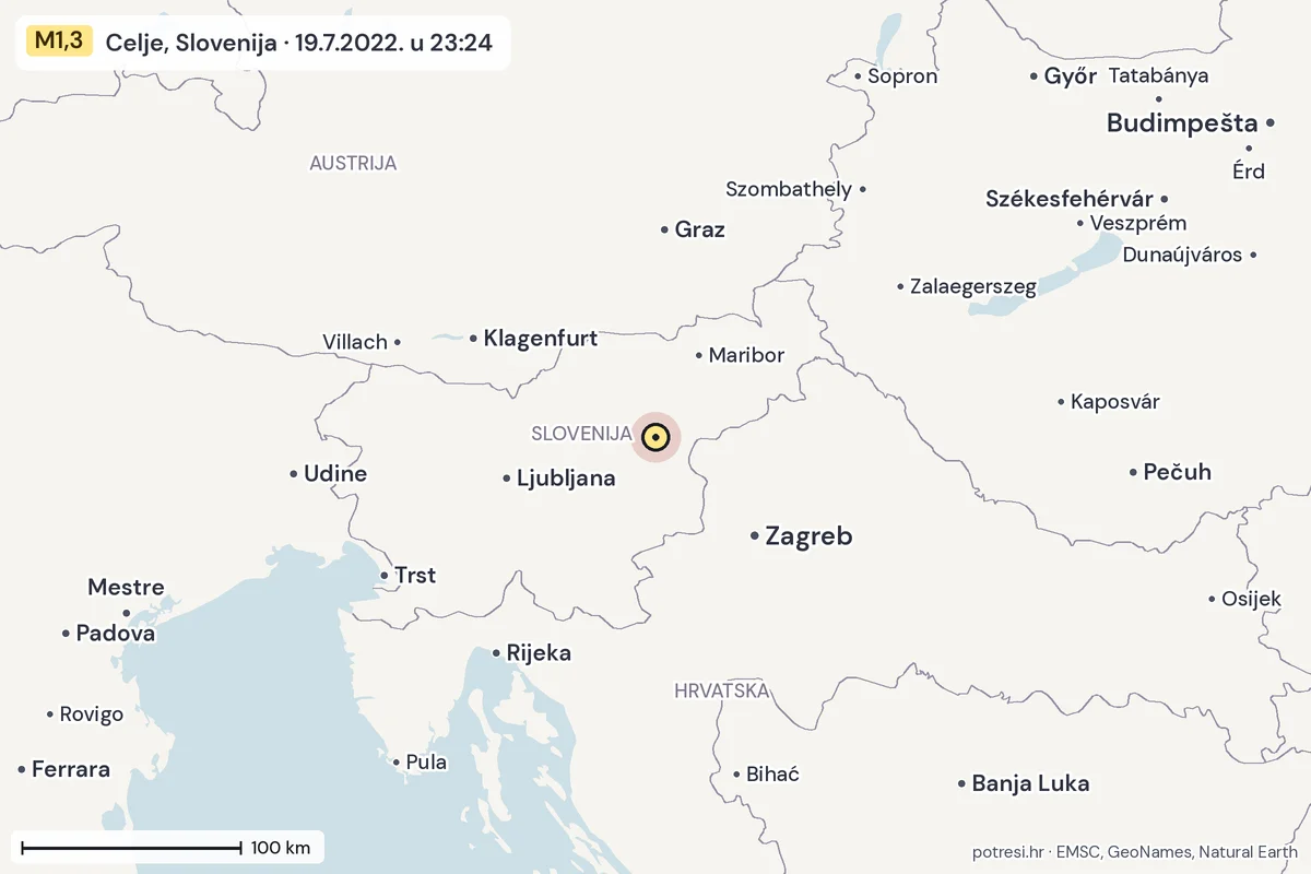 Karta: šire područje, 600 km, potres M1,3, Celje, Slovenija, 19.7.2022.