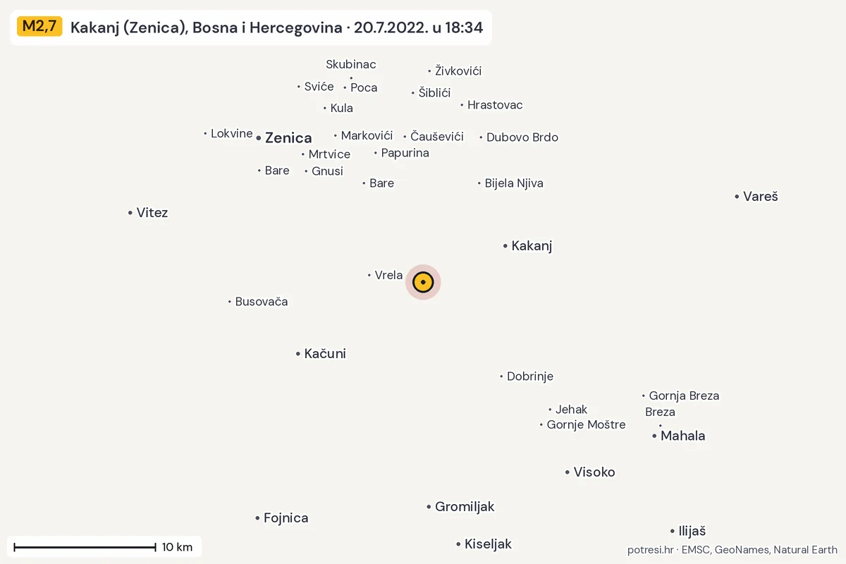 Karta: okolica epicentra, 60 km, potres M2,7, Kakanj (Zenica), Bosna i Hercegovina, 20.7.2022.