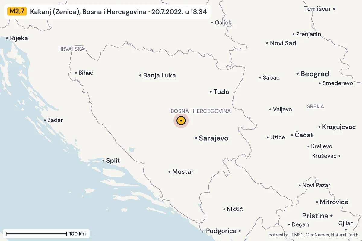 Karta: šire područje, 600 km, potres M2,7, Kakanj (Zenica), Bosna i Hercegovina, 20.7.2022.