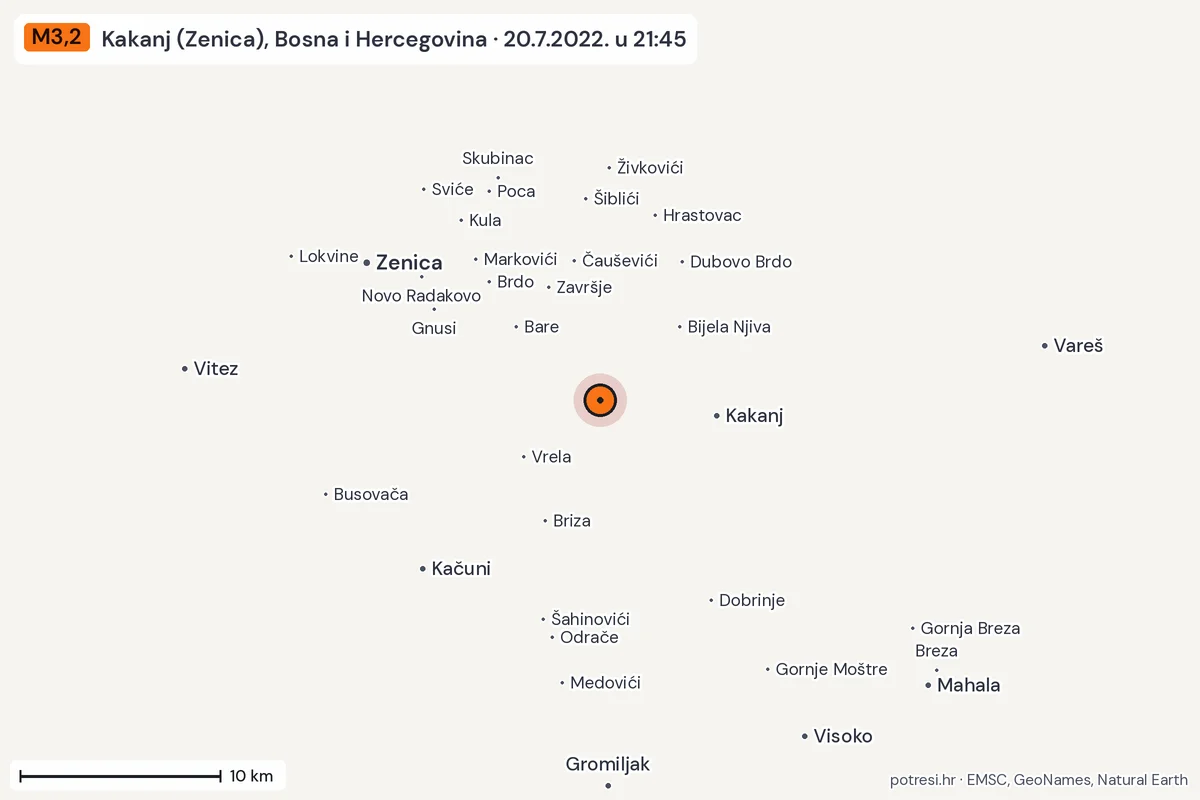 Karta: okolica epicentra, 60 km, potres M3,2, Kakanj (Zenica), Bosna i Hercegovina, 20.7.2022.