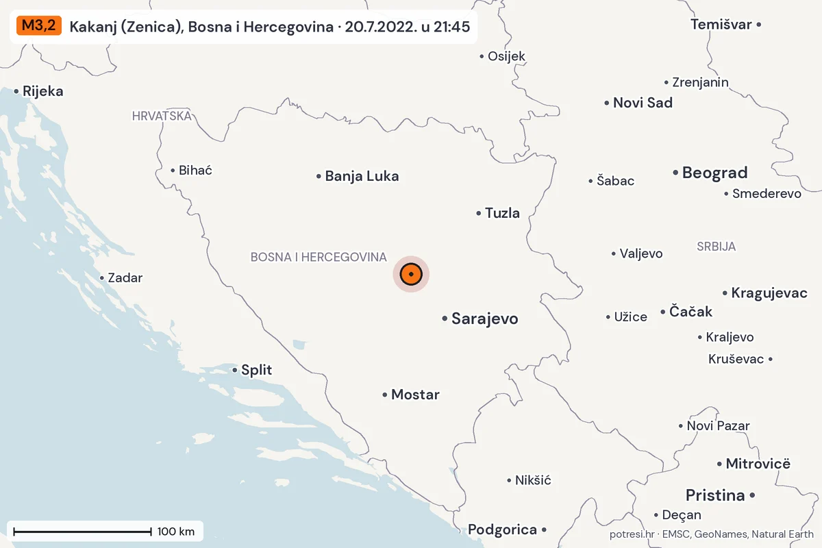 Karta: šire područje, 600 km, potres M3,2, Kakanj (Zenica), Bosna i Hercegovina, 20.7.2022.
