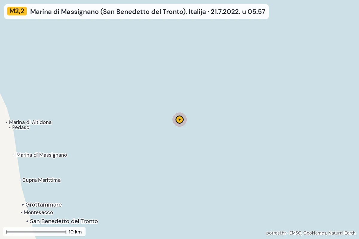 Karta: okolica epicentra, 60 km, potres M2,2, Marina di Massignano (San Benedetto del Tronto), Italija, 21.7.2022.