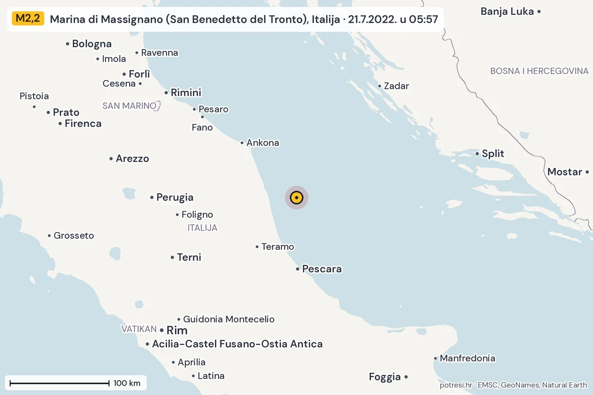 Karta: šire područje, 600 km, potres M2,2, Marina di Massignano (San Benedetto del Tronto), Italija, 21.7.2022.