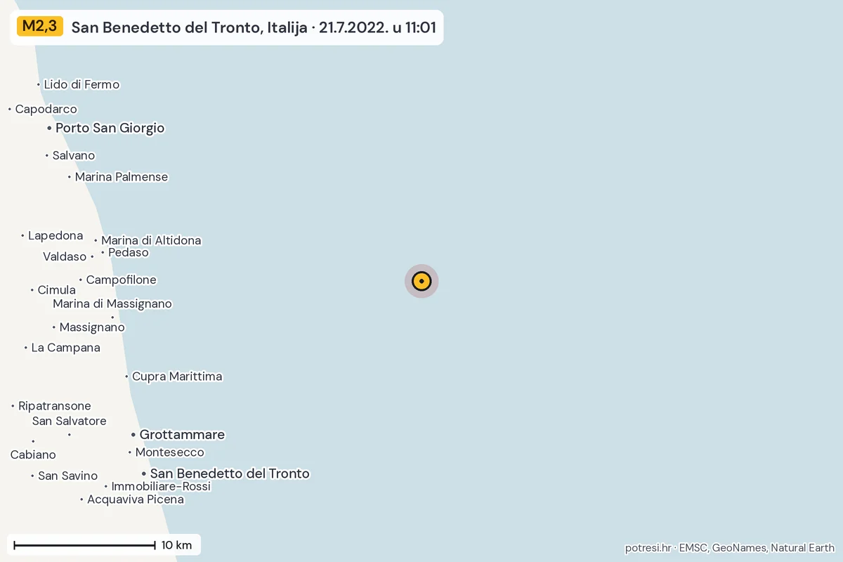 Karta: okolica epicentra, 60 km, potres M2,3, San Benedetto del Tronto, Italija, 21.7.2022.