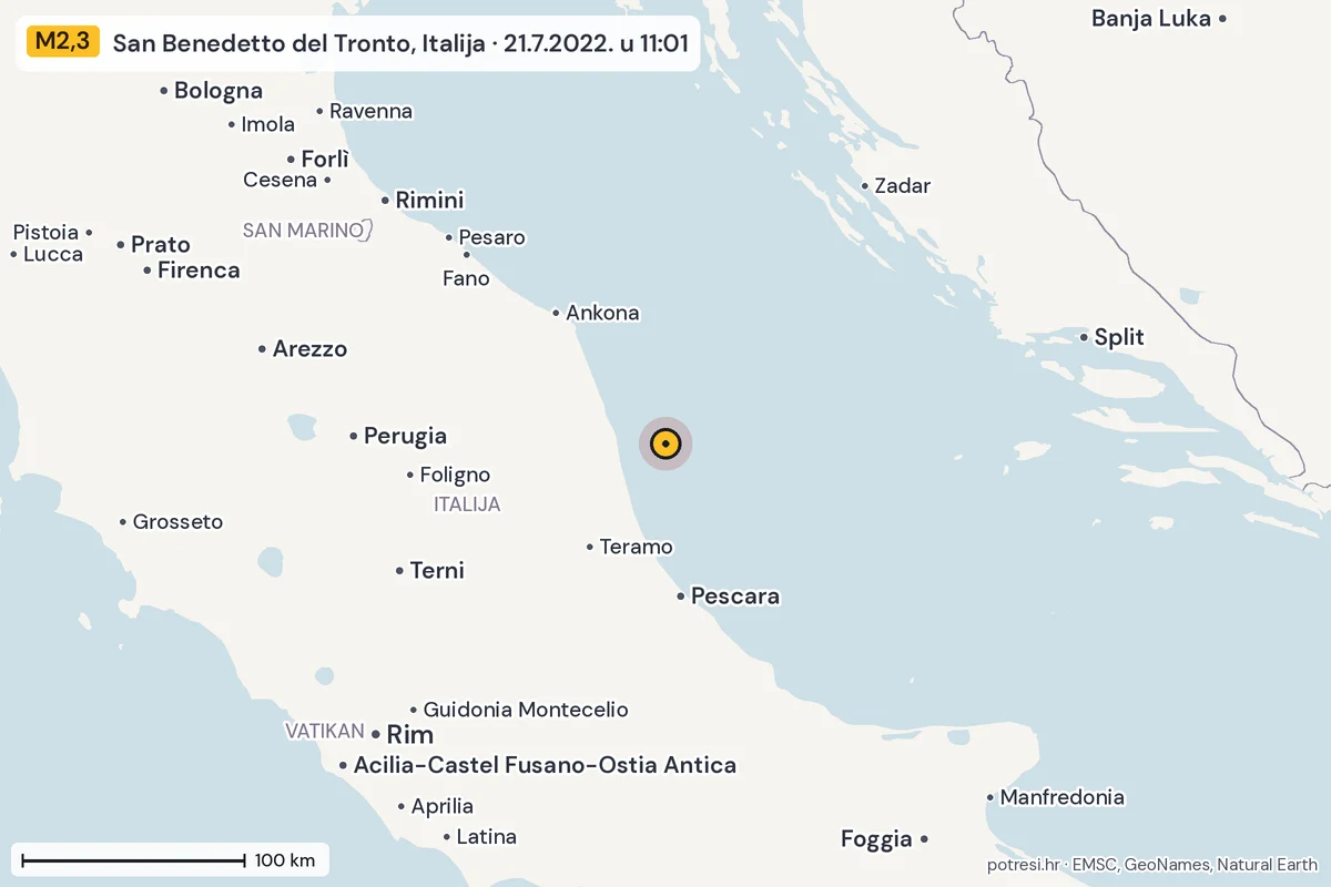 Karta: šire područje, 600 km, potres M2,3, San Benedetto del Tronto, Italija, 21.7.2022.