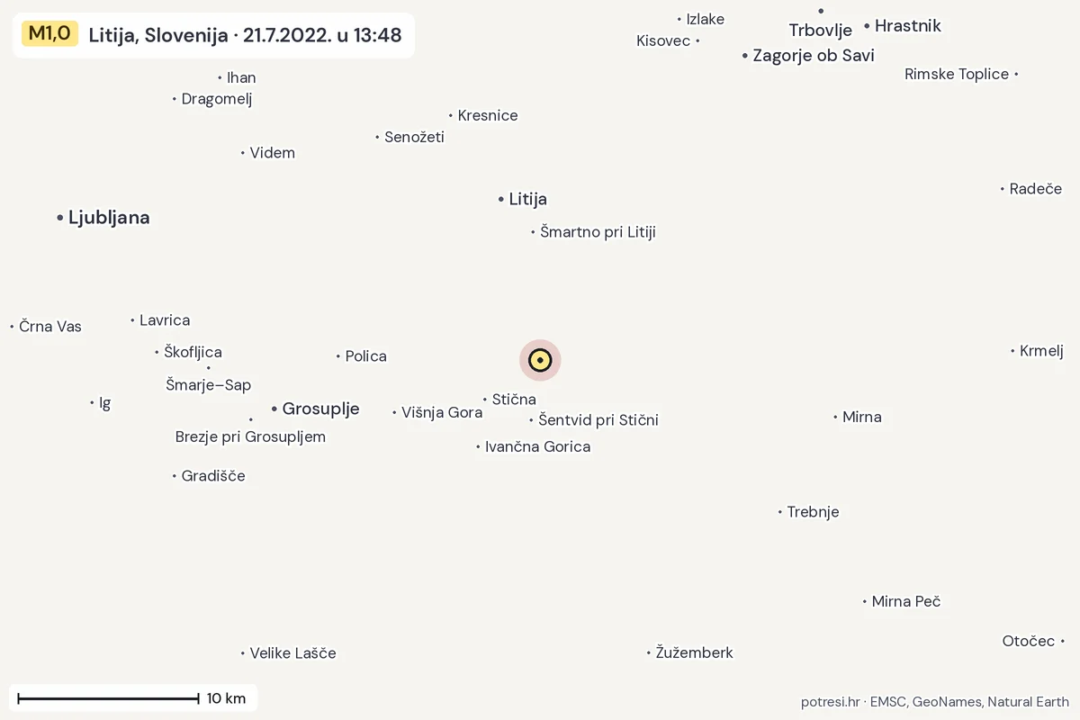Karta: okolica epicentra, 60 km, potres M1,0, Litija, Slovenija, 21.7.2022.