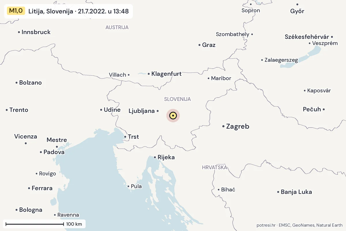 Karta: šire područje, 600 km, potres M1,0, Litija, Slovenija, 21.7.2022.
