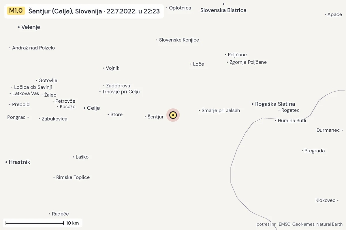 Karta: okolica epicentra, 60 km, potres M1,0, Šentjur (Celje), Slovenija, 22.7.2022.