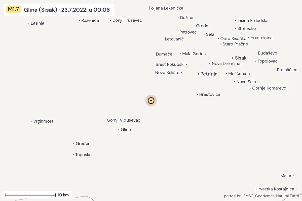 Karta: okolica epicentra, 60 km, potres M1,7, Glina (Sisak), 23.7.2022.