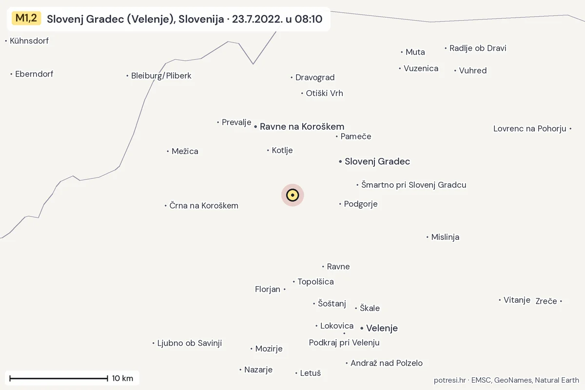 Karta: okolica epicentra, 60 km, potres M1,2, Slovenj Gradec (Velenje), Slovenija, 23.7.2022.