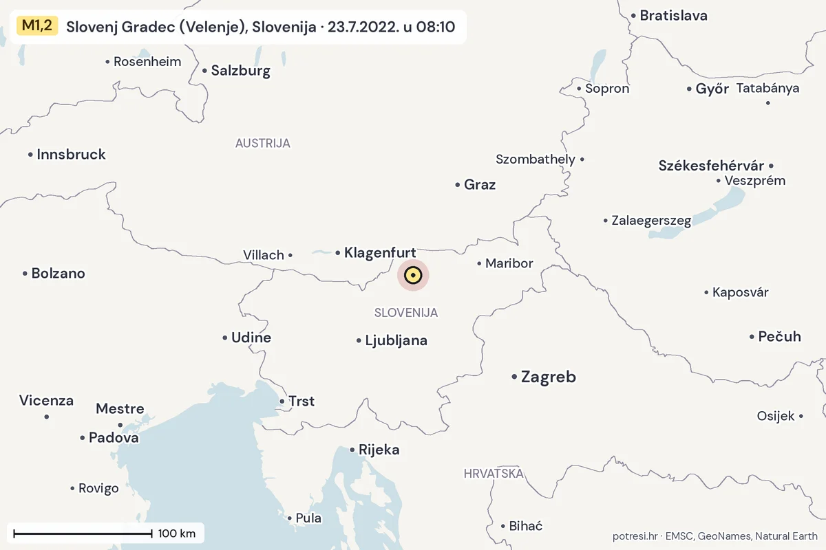 Karta: šire područje, 600 km, potres M1,2, Slovenj Gradec (Velenje), Slovenija, 23.7.2022.