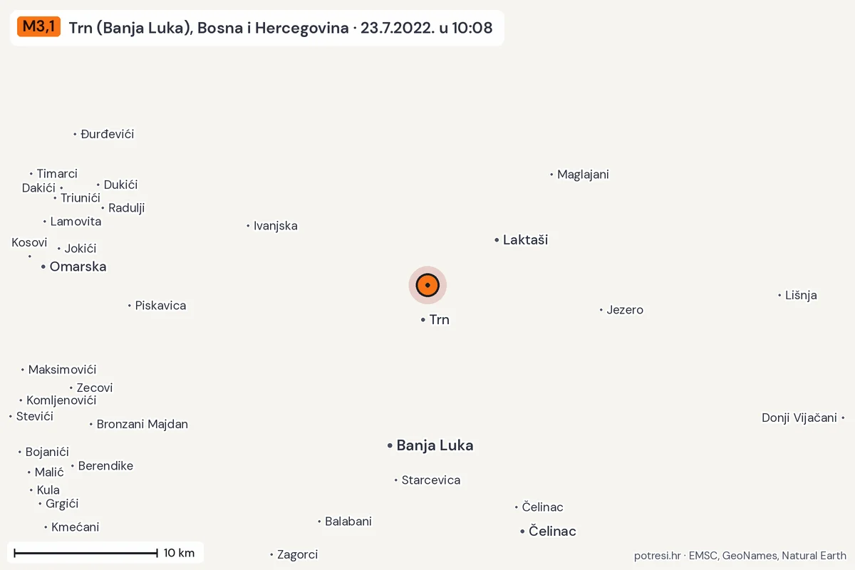 Karta: okolica epicentra, 60 km, potres M3,1, Trn (Banja Luka), Bosna i Hercegovina, 23.7.2022.