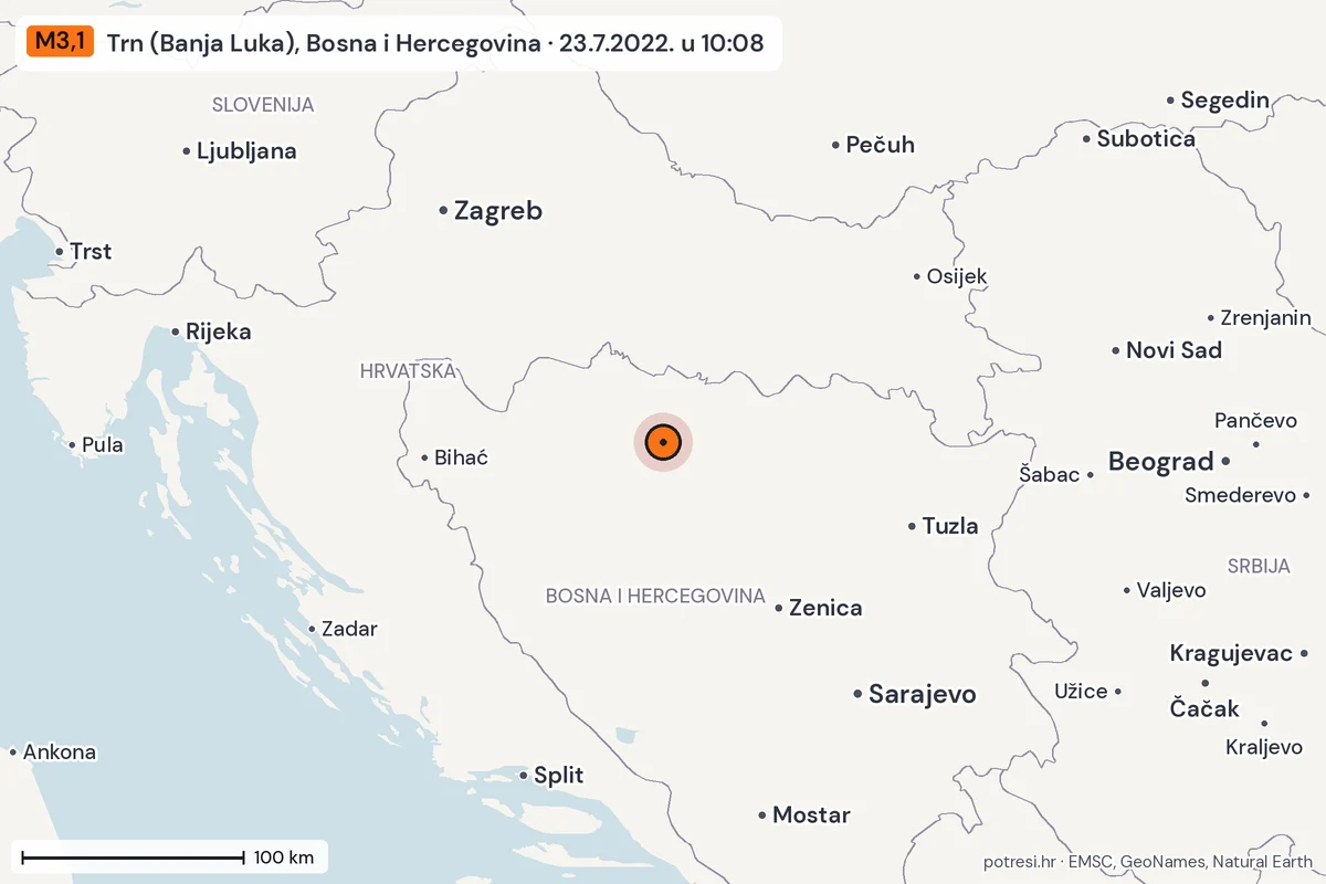 Karta: šire područje, 600 km, potres M3,1, Trn (Banja Luka), Bosna i Hercegovina, 23.7.2022.