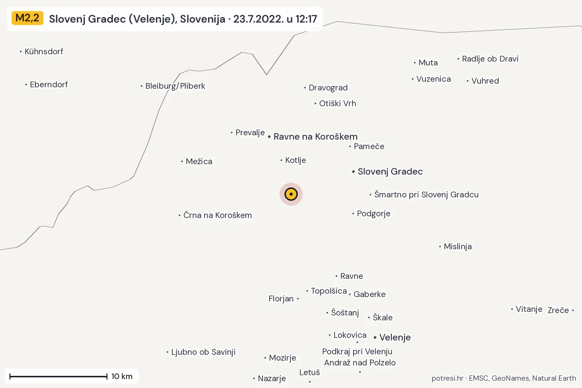 Karta: okolica epicentra, 60 km, potres M2,2, Slovenj Gradec (Velenje), Slovenija, 23.7.2022.