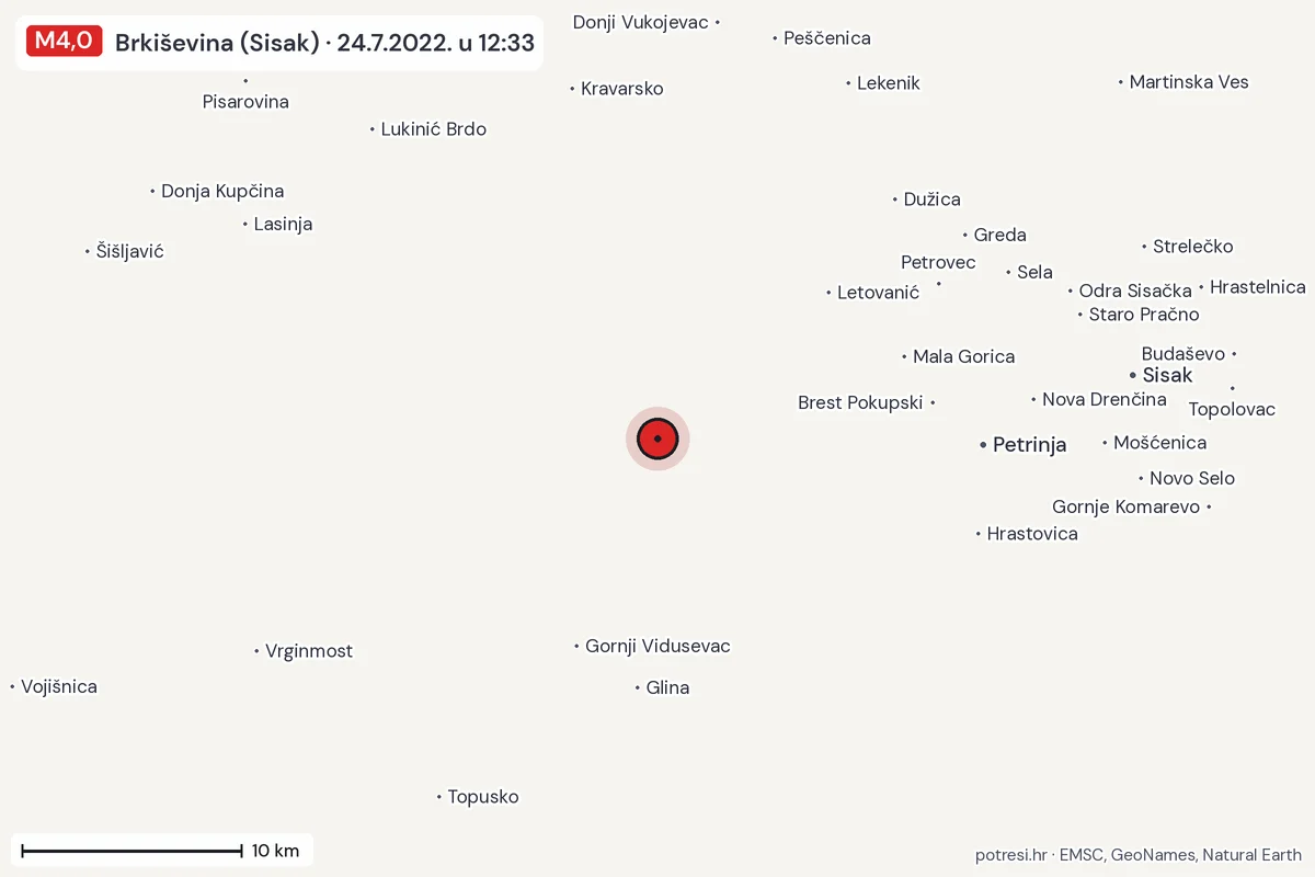 Karta: okolica epicentra, 60 km, potres M4,0, Brkiševina (Sisak), 24.7.2022.