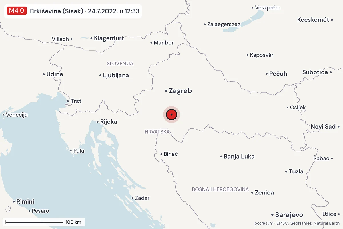 Karta: šire područje, 600 km, potres M4,0, Brkiševina (Sisak), 24.7.2022.