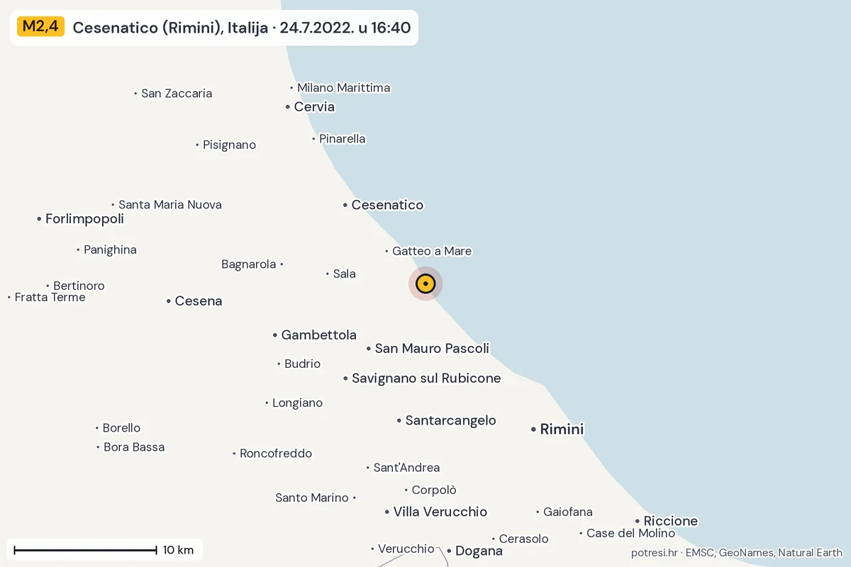 Karta: okolica epicentra, 60 km, potres M2,4, Cesenatico (Rimini), Italija, 24.7.2022.