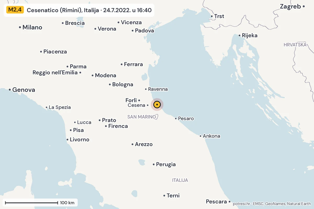 Karta: šire područje, 600 km, potres M2,4, Cesenatico (Rimini), Italija, 24.7.2022.