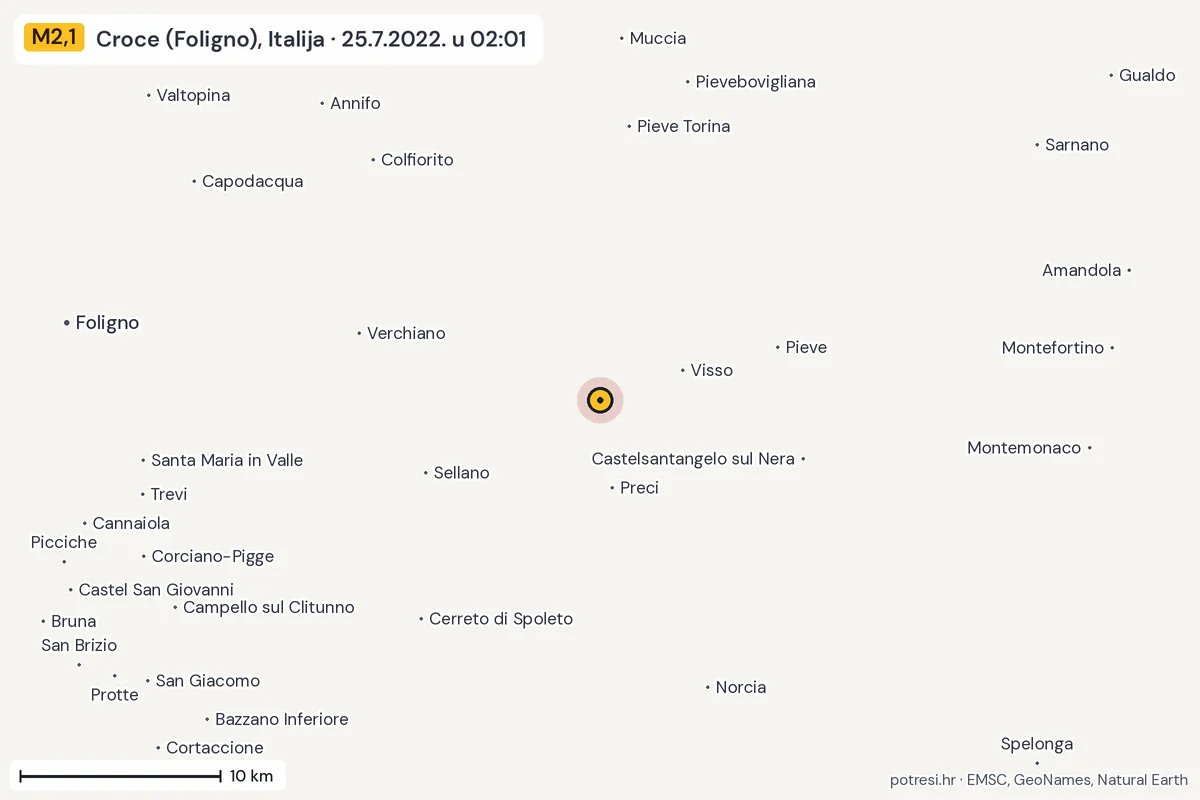 Karta: okolica epicentra, 60 km, potres M2,1, Croce (Foligno), Italija, 25.7.2022.