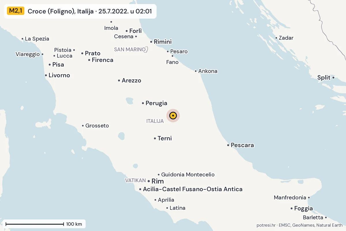 Karta: šire područje, 600 km, potres M2,1, Croce (Foligno), Italija, 25.7.2022.