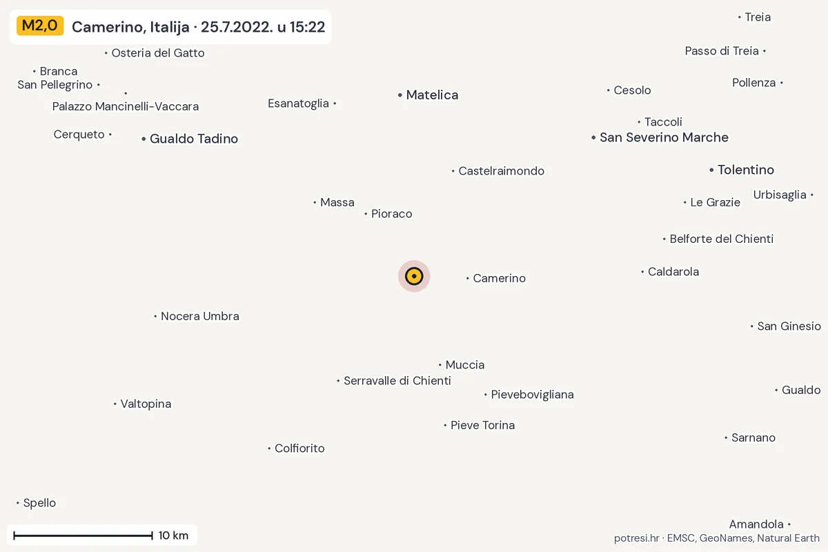 Karta: okolica epicentra, 60 km, potres M2,0, Camerino, Italija, 25.7.2022.