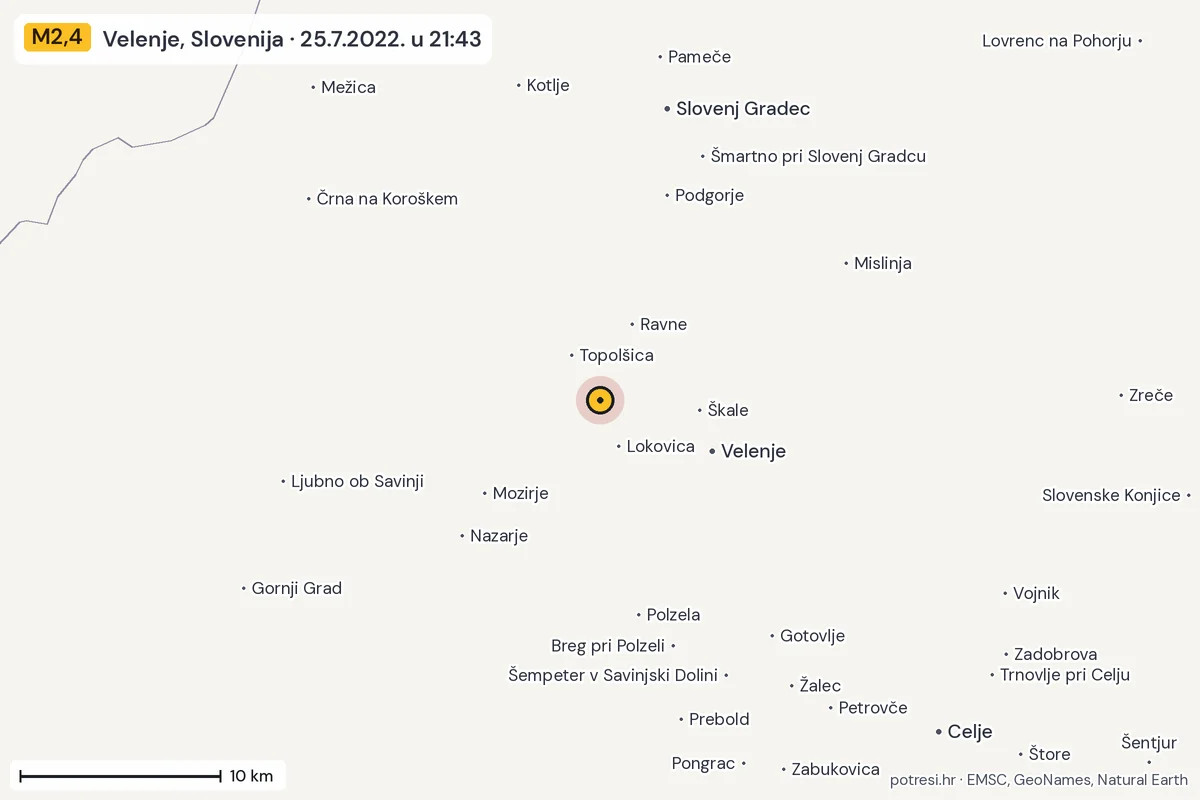 Karta: okolica epicentra, 60 km, potres M2,4, Velenje, Slovenija, 25.7.2022.