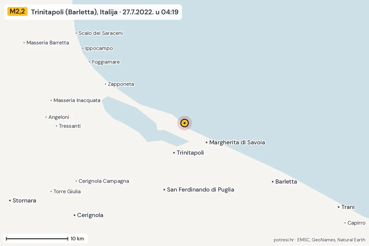 Karta: okolica epicentra, 60 km, potres M2,2, Trinitapoli (Barletta), Italija, 27.7.2022.