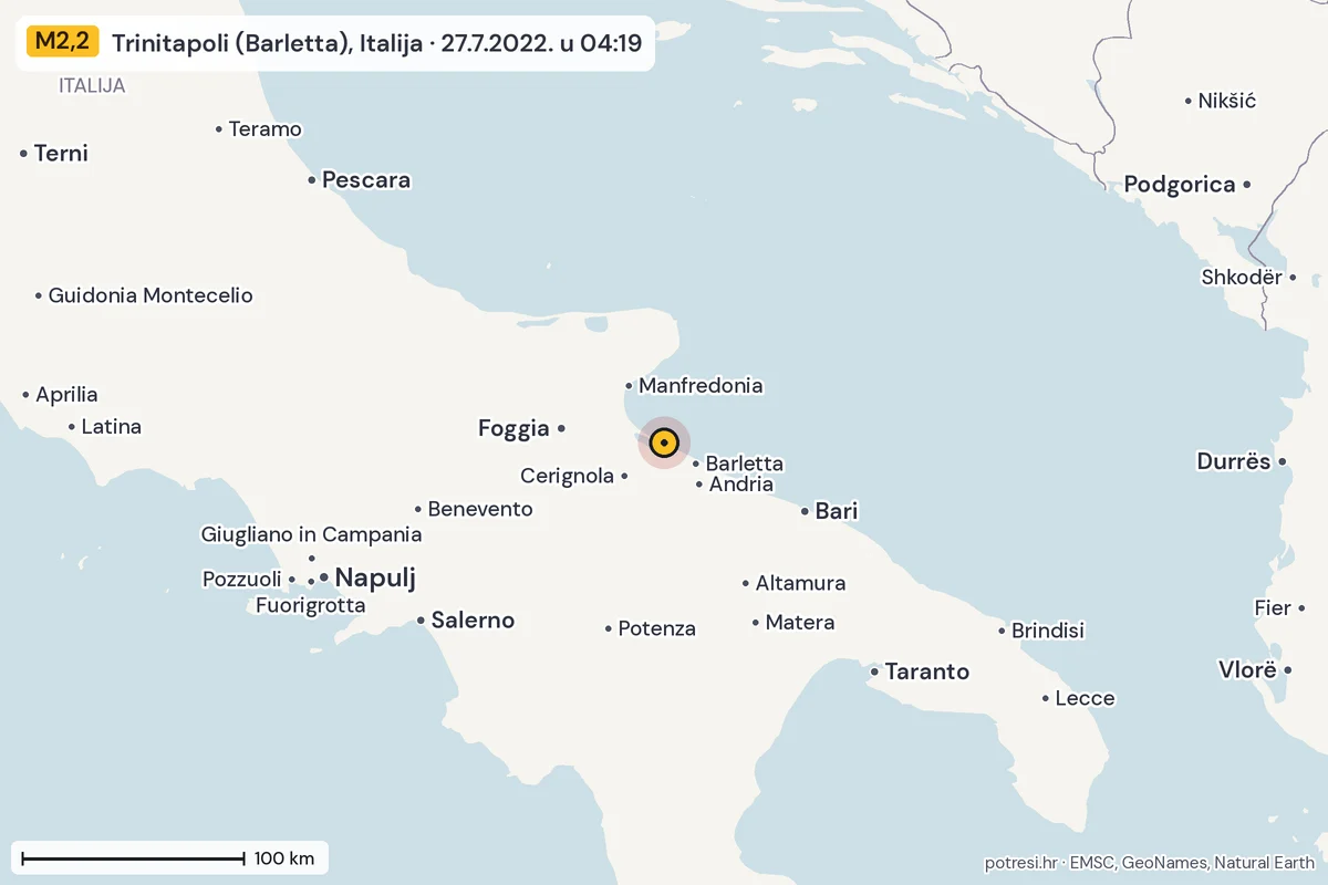 Karta: šire područje, 600 km, potres M2,2, Trinitapoli (Barletta), Italija, 27.7.2022.
