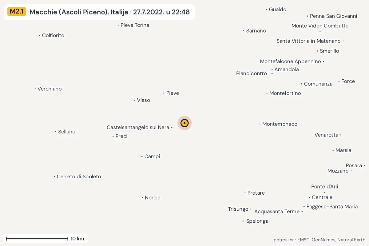 Karta: okolica epicentra, 60 km, potres M2,1, Macchie (Ascoli Piceno), Italija, 27.7.2022.