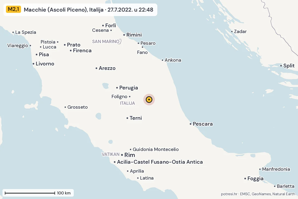 Karta: šire područje, 600 km, potres M2,1, Macchie (Ascoli Piceno), Italija, 27.7.2022.