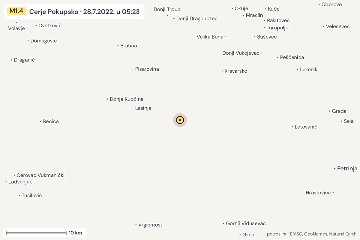 Karta: okolica epicentra, 60 km, potres M1,4, Cerje Pokupsko, 28.7.2022.