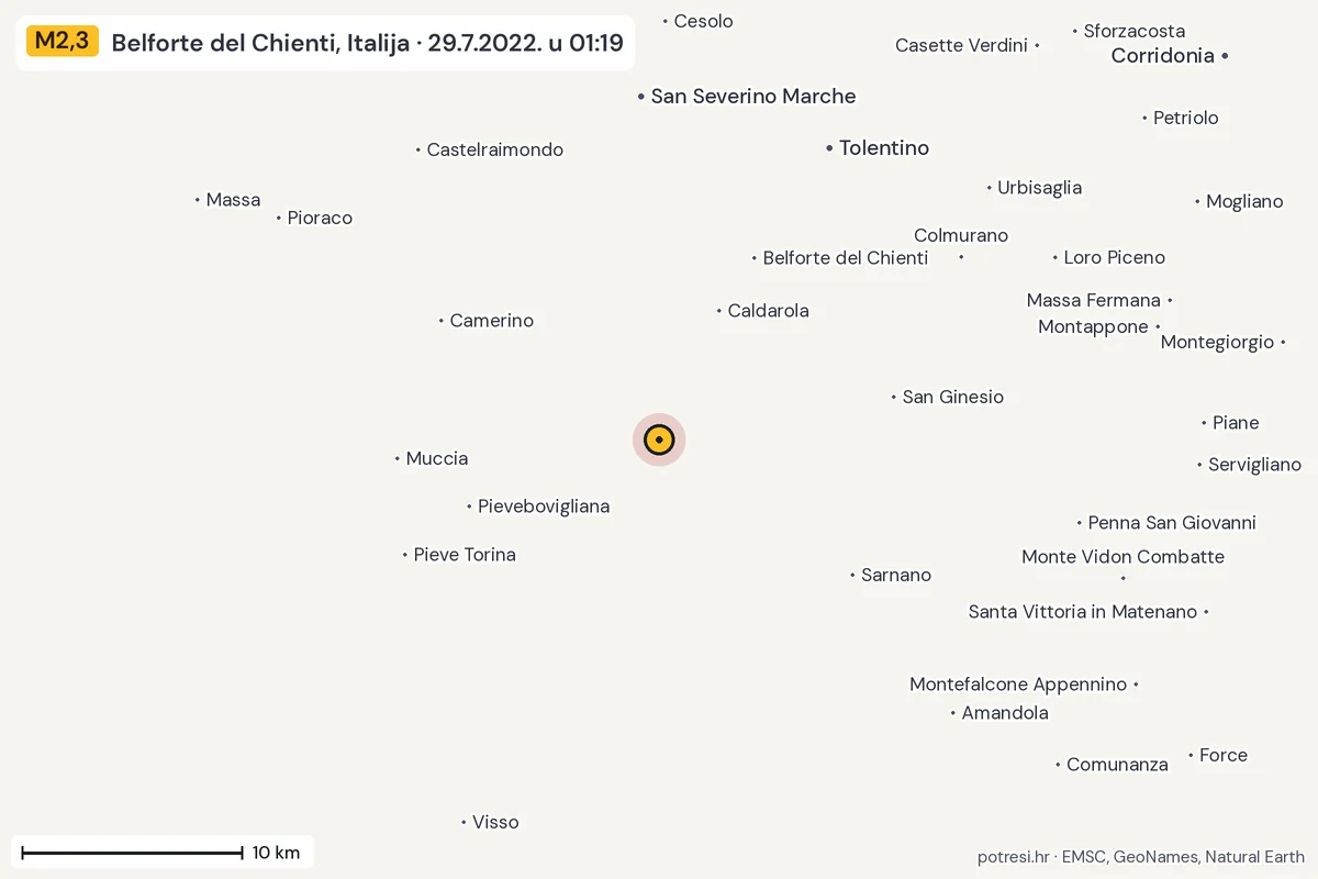 Karta: okolica epicentra, 60 km, potres M2,3, Belforte del Chienti, Italija, 29.7.2022.