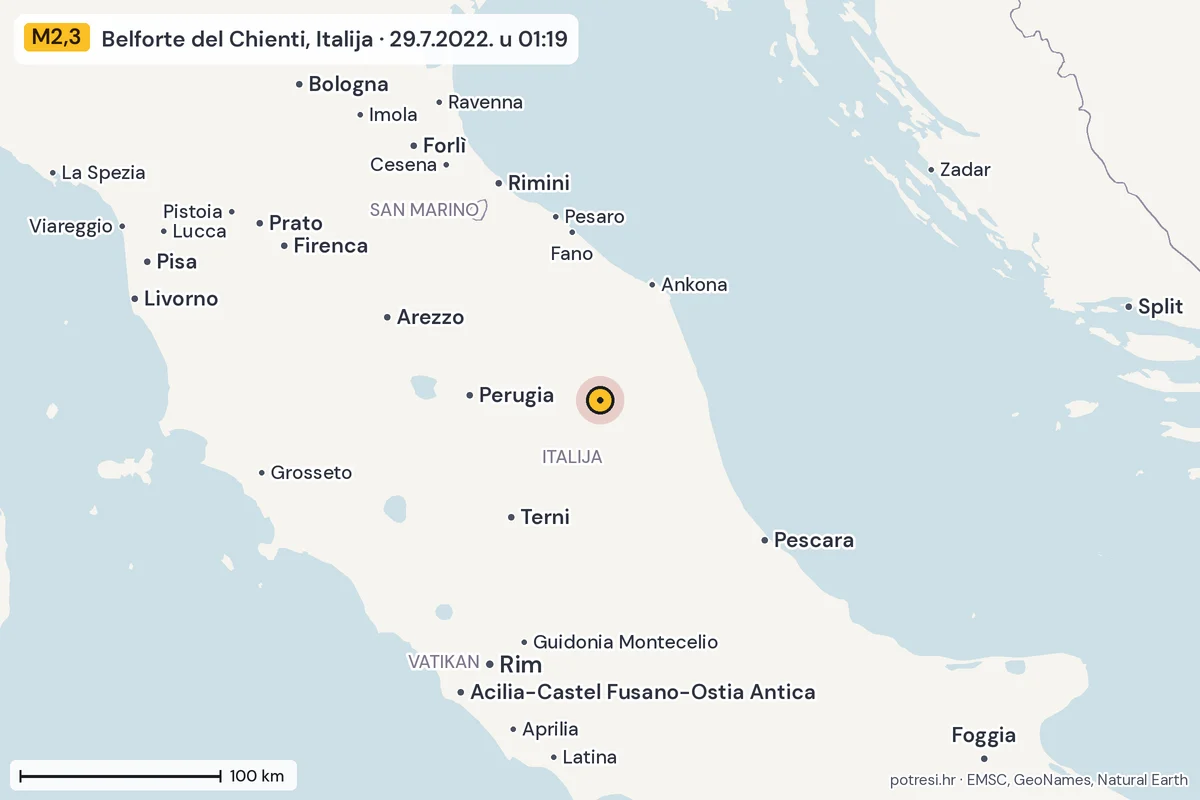 Karta: šire područje, 600 km, potres M2,3, Belforte del Chienti, Italija, 29.7.2022.