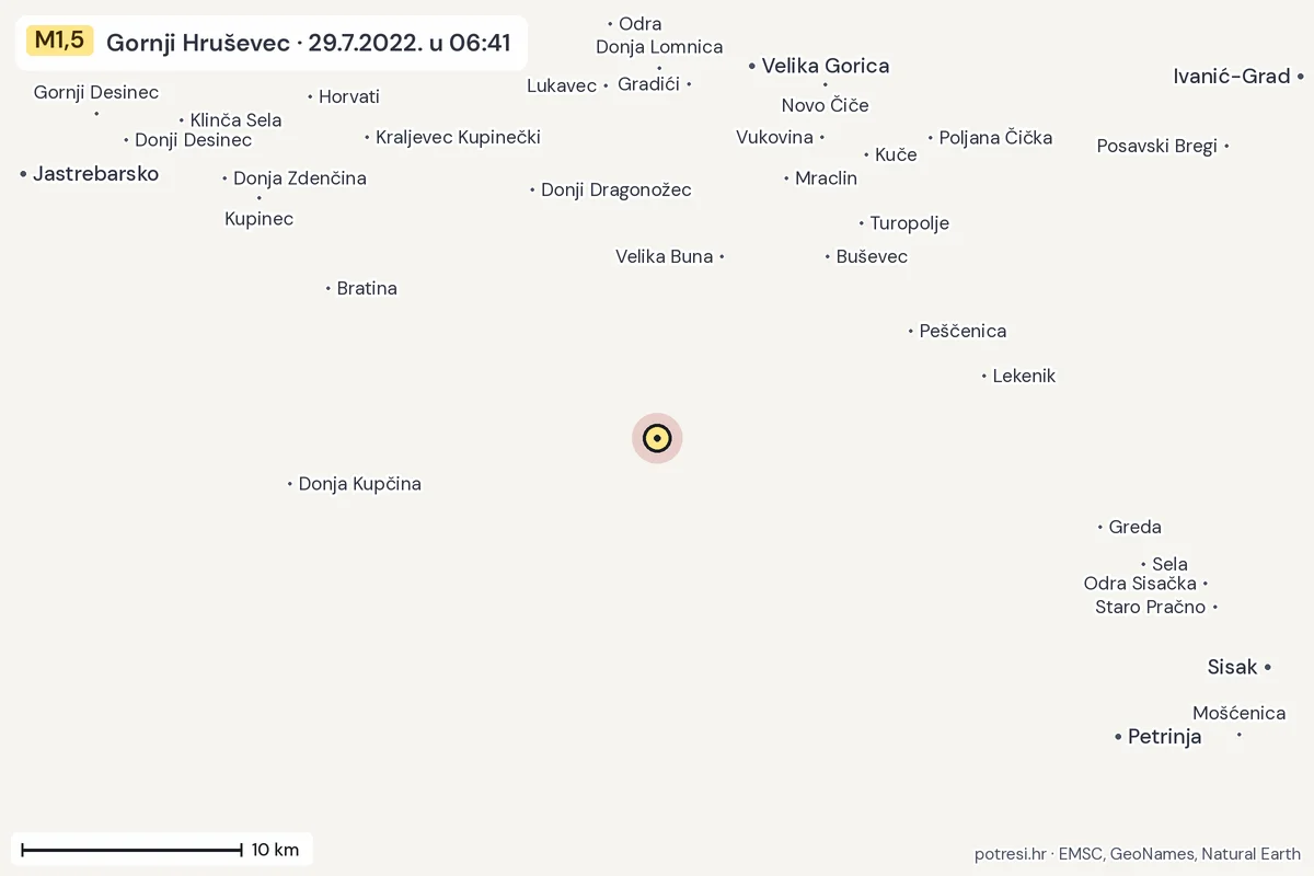 Karta: okolica epicentra, 60 km, potres M1,5, Gornji Hruševec, 29.7.2022.