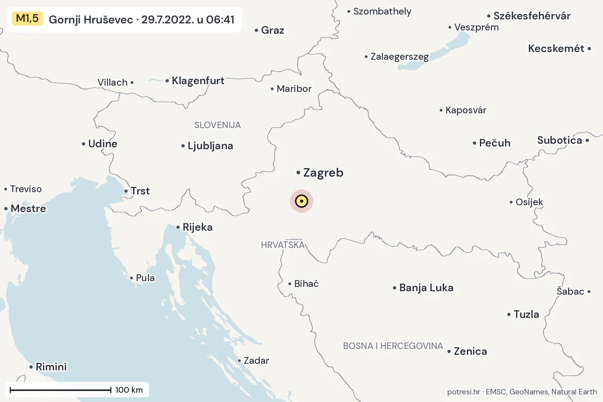 Karta: šire područje, 600 km, potres M1,5, Gornji Hruševec, 29.7.2022.