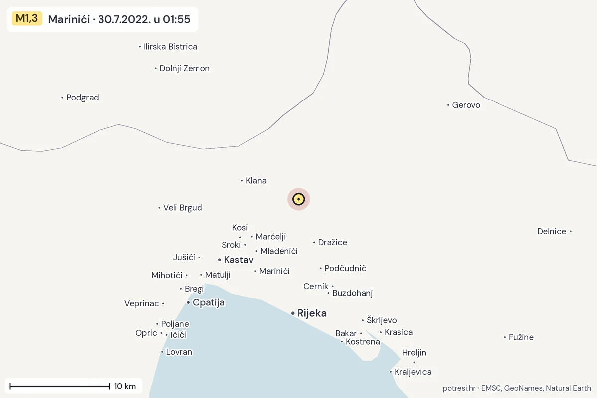 Karta: okolica epicentra, 60 km, potres M1,3, Marinići, 30.7.2022.