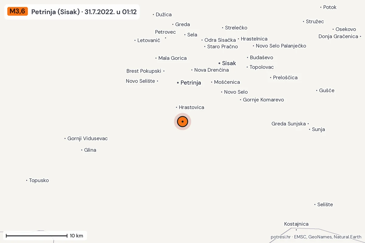 Karta: okolica epicentra, 60 km, potres M3,6, Petrinja (Sisak), 31.7.2022.