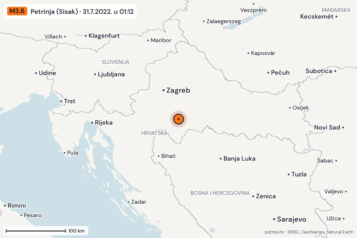 Karta: šire područje, 600 km, potres M3,6, Petrinja (Sisak), 31.7.2022.