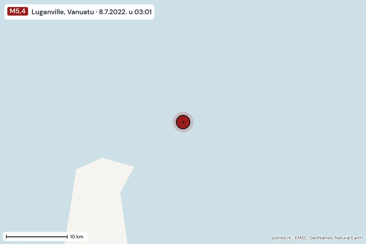 Karta: okolica epicentra, 60 km, potres M5,4, Luganville, Vanuatu, 8.7.2022.
